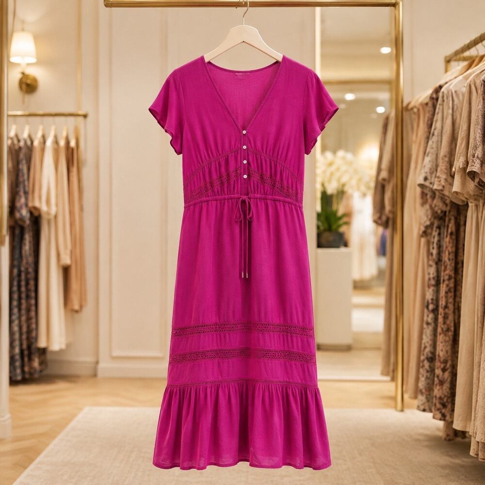 Rails Kiki Dress Sz L Radiance Pink Lace Drawstring Button Front NWT Resort Chic